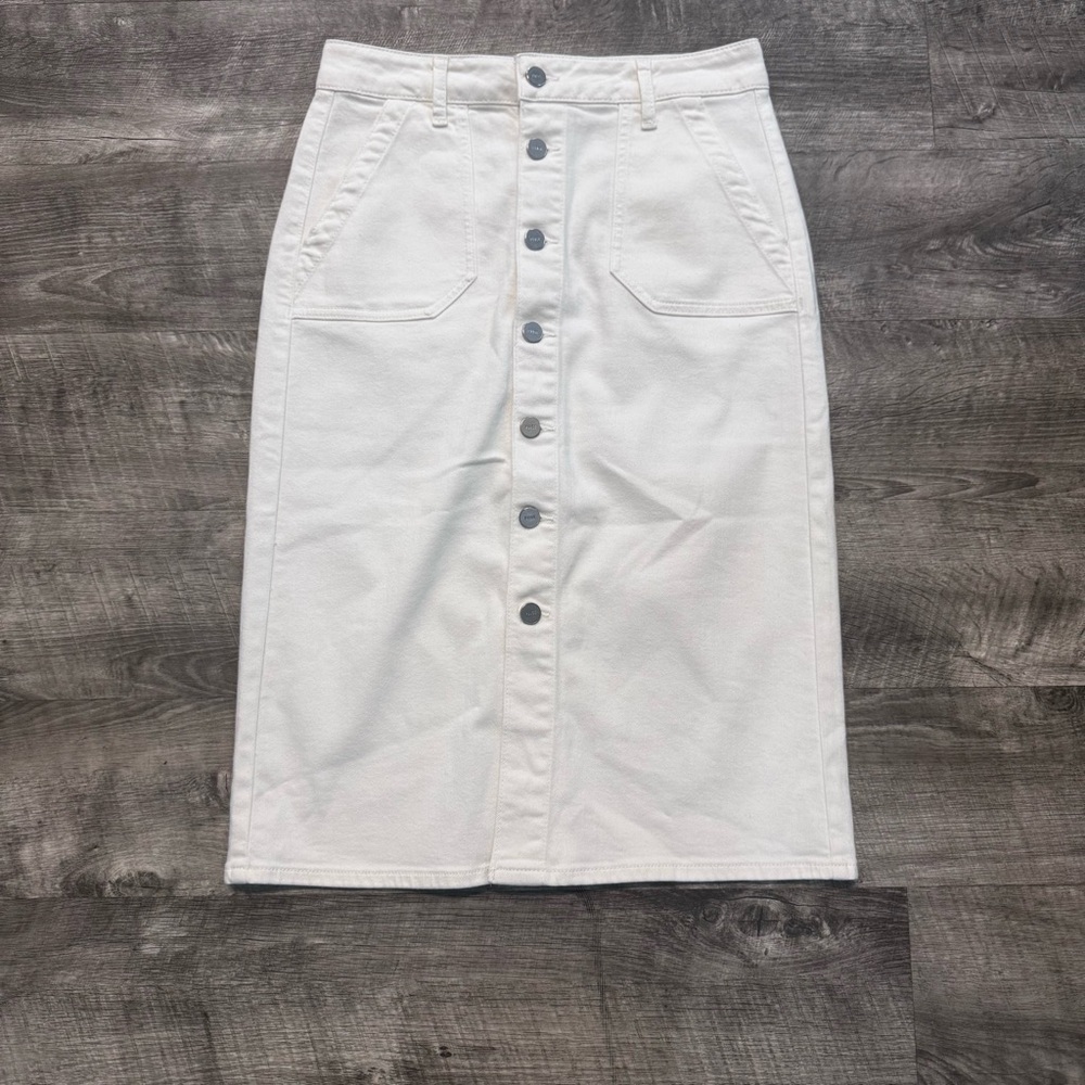 Paige Meadow Midi Skirt Utility Pockets Tonal Ecru Cream Denim Womens Sz 26